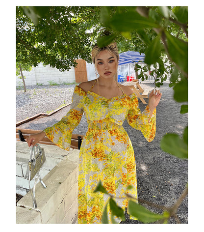 Zllkl Naoum Plus Size Sun Bright Yellow Floral Front Cross V-Neck Short Sleeve Side Slit Long Dress