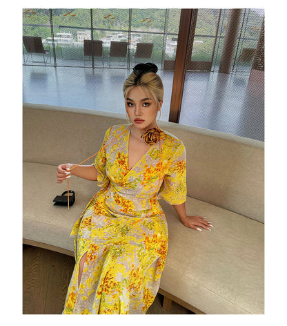 Zllkl Naoum Plus Size Sun Bright Yellow Floral Front Cross V-Neck Short Sleeve Side Slit Long Dress