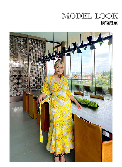 Zllkl Naoum Plus Size Sun Bright Yellow Floral Front Cross V-Neck Short Sleeve Side Slit Long Dress