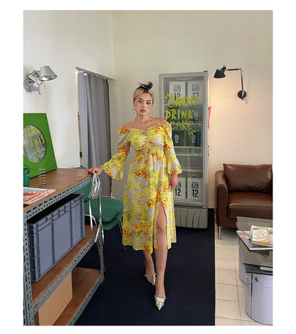 Zllkl Naoum Plus Size Sun Bright Yellow Floral Front Cross V-Neck Short Sleeve Side Slit Long Dress