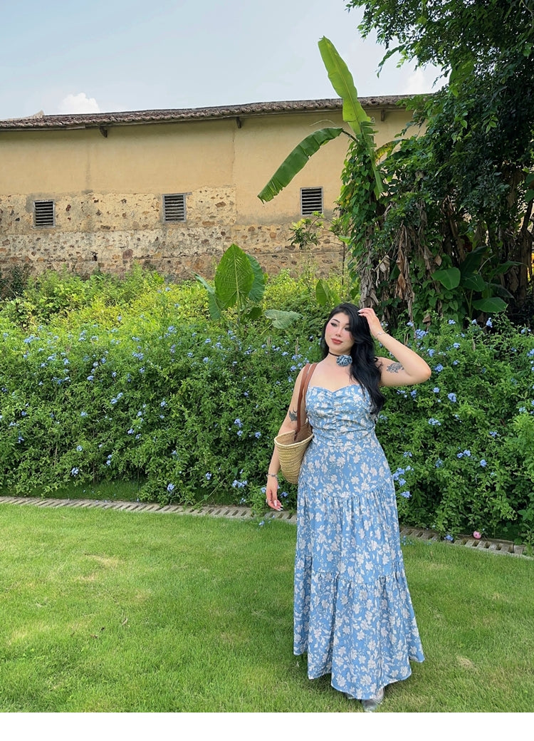 Zllkl Naya Floral Blue Plus Size French Slip A-Line Long Maxi Dress + Long Sleeve Cardigan Set