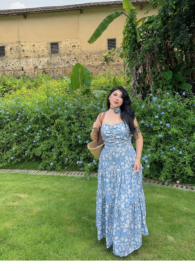 Zllkl Naya Floral Blue Plus Size French Slip A-Line Long Maxi Dress + Long Sleeve Cardigan Set