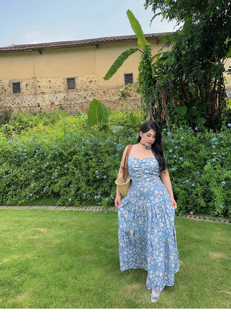 Zllkl Naya Floral Blue Plus Size French Slip A-Line Long Maxi Dress + Long Sleeve Cardigan Set
