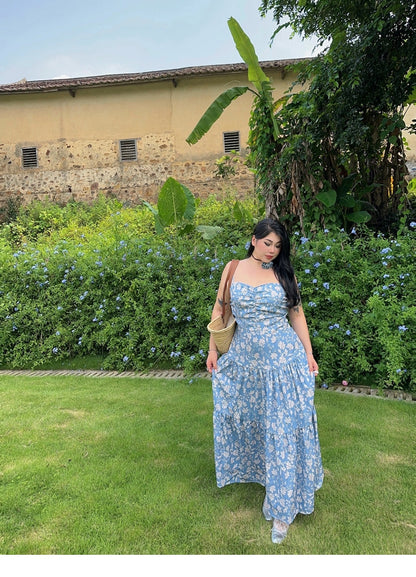 Zllkl Naya Floral Blue Plus Size French Slip A-Line Long Maxi Dress + Long Sleeve Cardigan Set