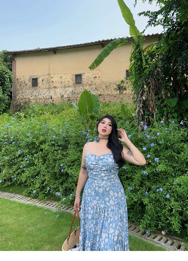 Zllkl Naya Floral Blue Plus Size French Slip A-Line Long Maxi Dress + Long Sleeve Cardigan Set