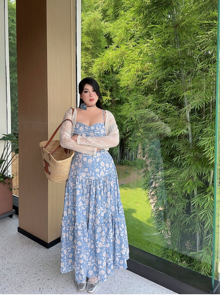Zllkl Naya Floral Blue Plus Size French Slip A-Line Long Maxi Dress + Long Sleeve Cardigan Set