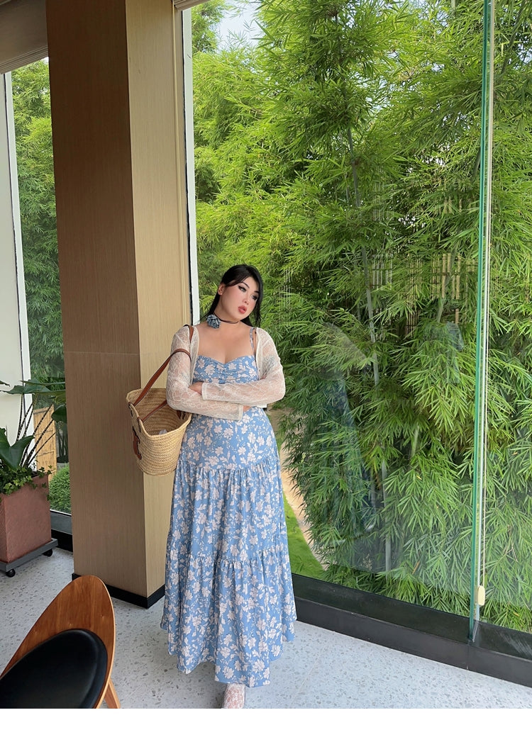 Zllkl Naya Floral Blue Plus Size French Slip A-Line Long Maxi Dress + Long Sleeve Cardigan Set