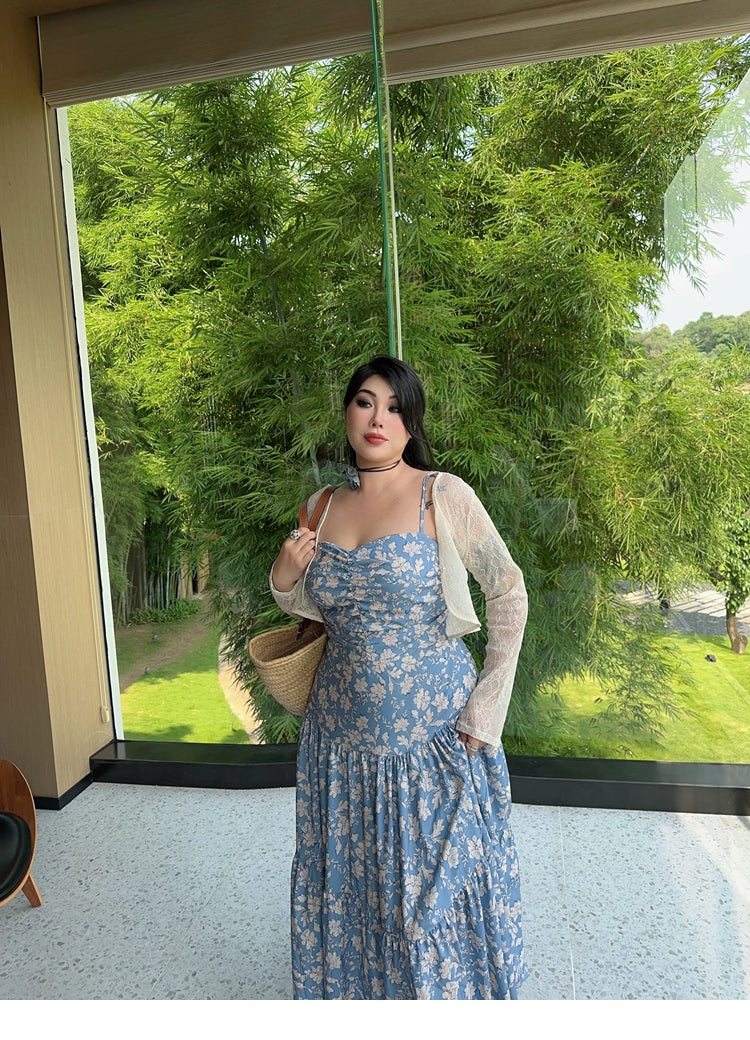 Zllkl Naya Floral Blue Plus Size French Slip A-Line Long Maxi Dress + Long Sleeve Cardigan Set