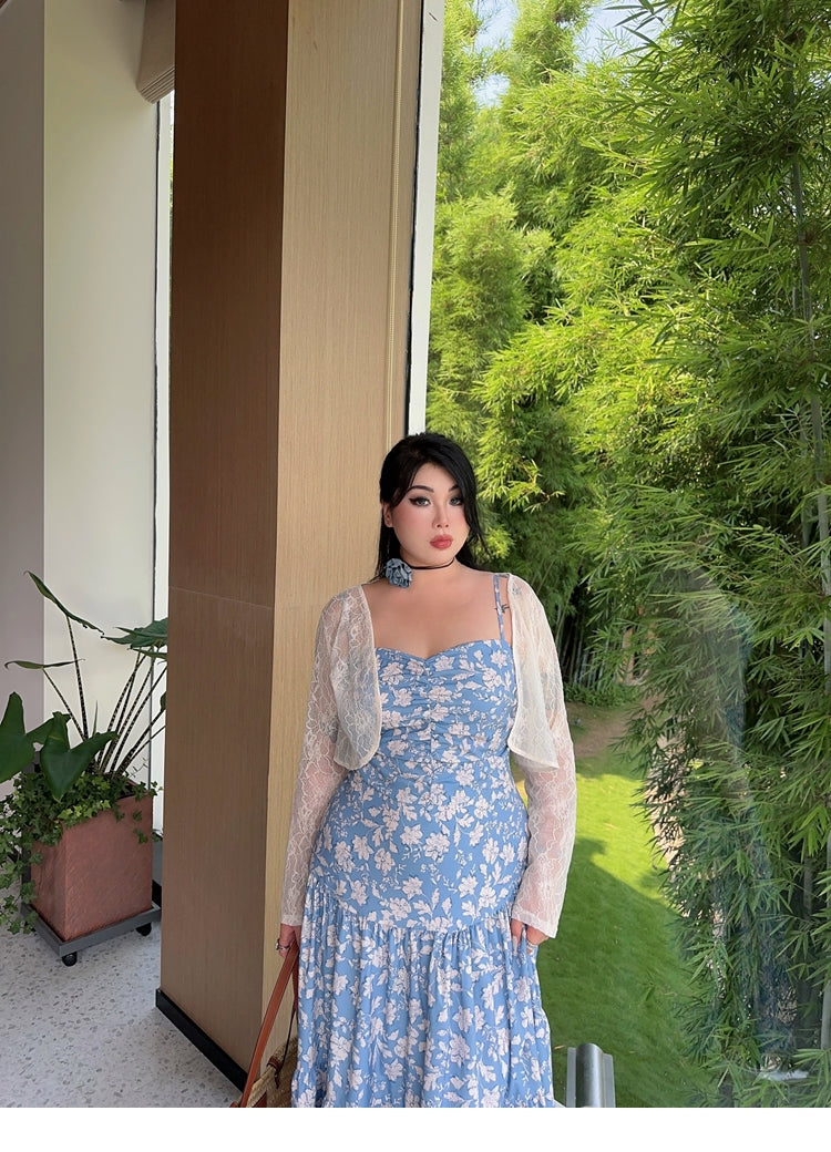 Zllkl Naya Floral Blue Plus Size French Slip A-Line Long Maxi Dress + Long Sleeve Cardigan Set