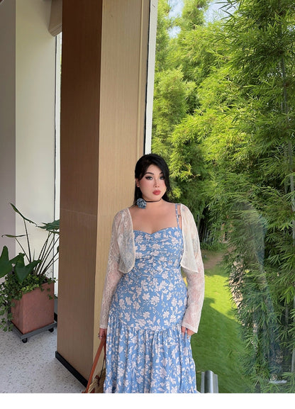 Zllkl Naya Floral Blue Plus Size French Slip A-Line Long Maxi Dress + Long Sleeve Cardigan Set