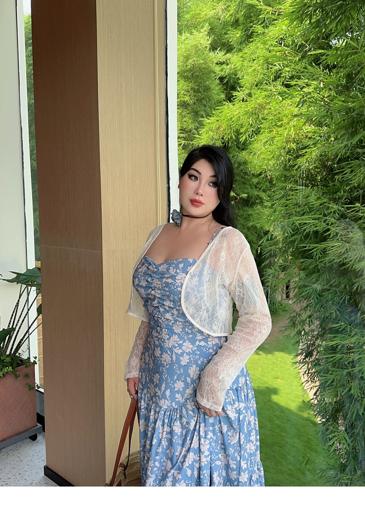 Zllkl Naya Floral Blue Plus Size French Slip A-Line Long Maxi Dress + Long Sleeve Cardigan Set
