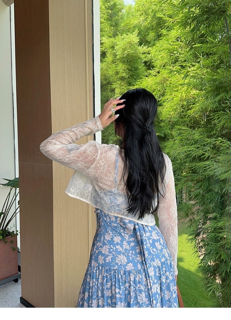 Zllkl Naya Floral Blue Plus Size French Slip A-Line Long Maxi Dress + Long Sleeve Cardigan Set