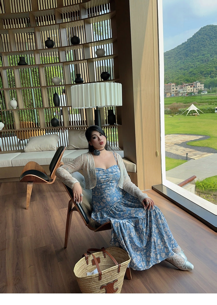 Zllkl Naya Floral Blue Plus Size French Slip A-Line Long Maxi Dress + Long Sleeve Cardigan Set