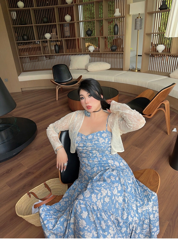 Zllkl Naya Floral Blue Plus Size French Slip A-Line Long Maxi Dress + Long Sleeve Cardigan Set