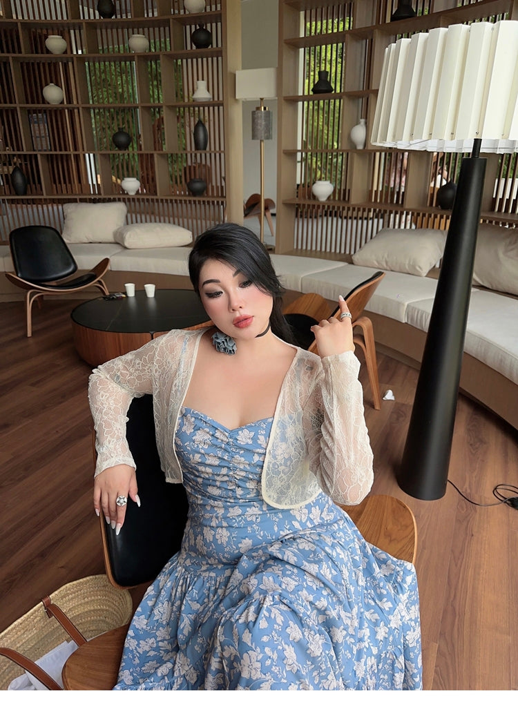Zllkl Naya Floral Blue Plus Size French Slip A-Line Long Maxi Dress + Long Sleeve Cardigan Set