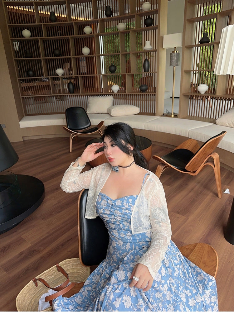 Zllkl Naya Floral Blue Plus Size French Slip A-Line Long Maxi Dress + Long Sleeve Cardigan Set