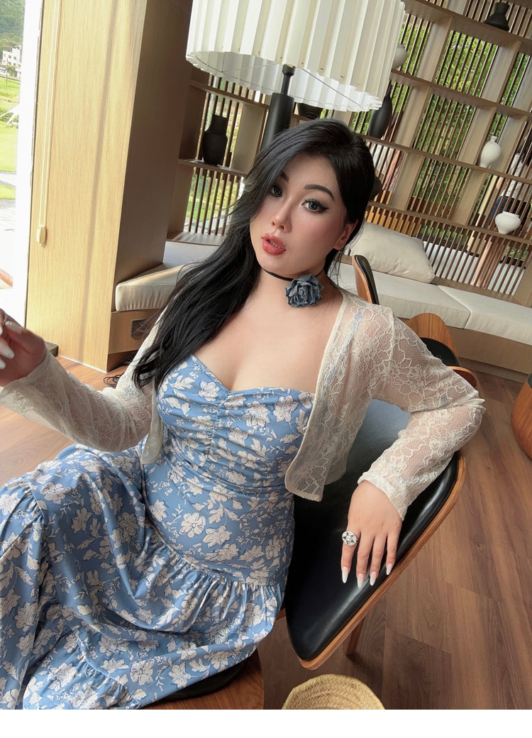 Zllkl Naya Floral Blue Plus Size French Slip A-Line Long Maxi Dress + Long Sleeve Cardigan Set
