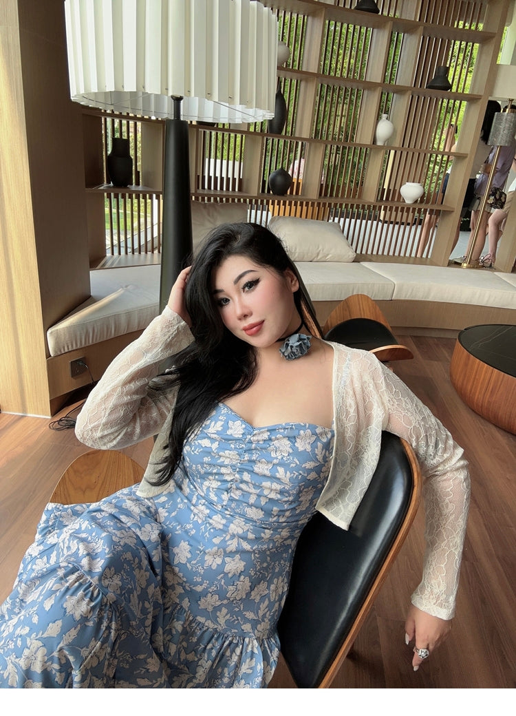 Zllkl Naya Floral Blue Plus Size French Slip A-Line Long Maxi Dress + Long Sleeve Cardigan Set