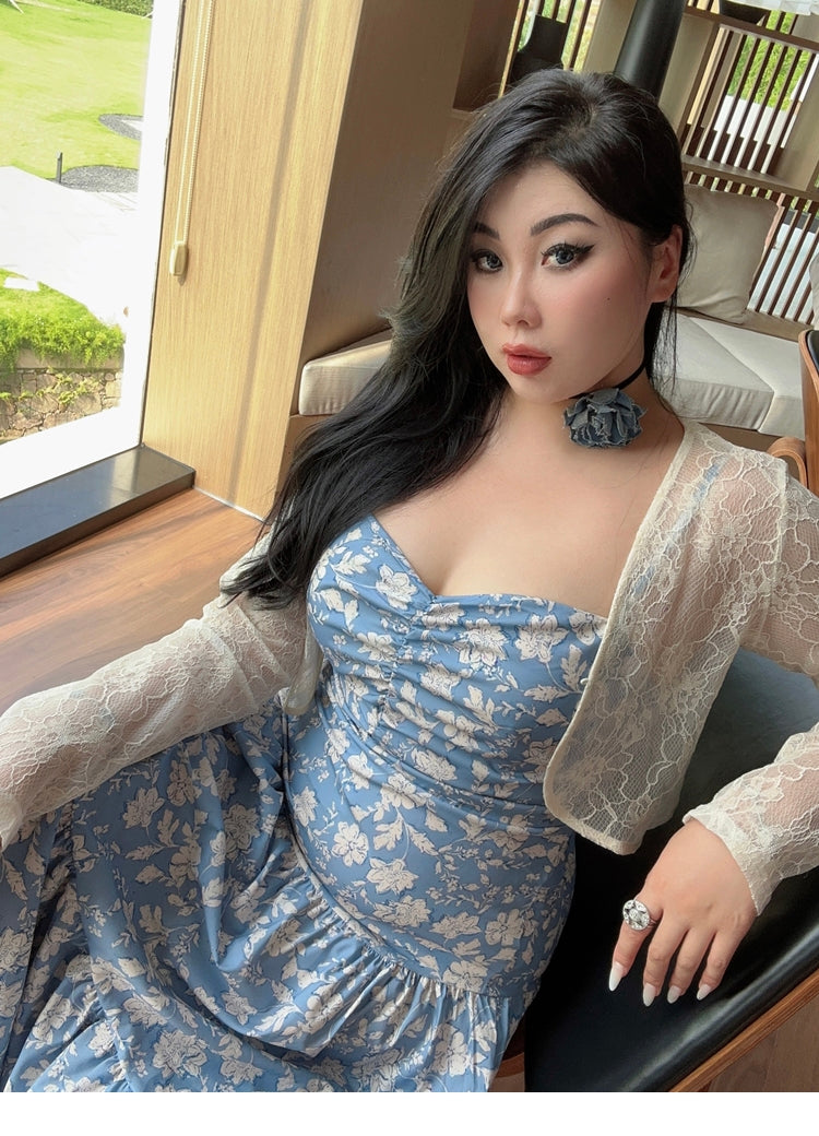 Zllkl Naya Floral Blue Plus Size French Slip A-Line Long Maxi Dress + Long Sleeve Cardigan Set