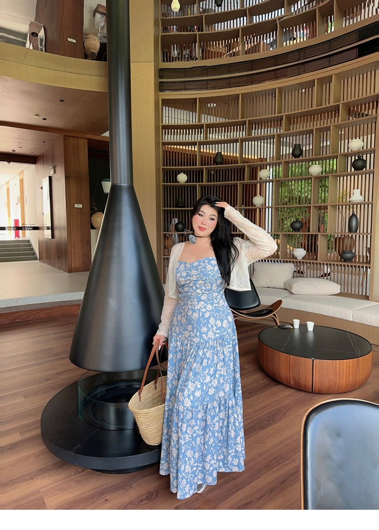 Zllkl Naya Floral Blue Plus Size French Slip A-Line Long Maxi Dress + Long Sleeve Cardigan Set