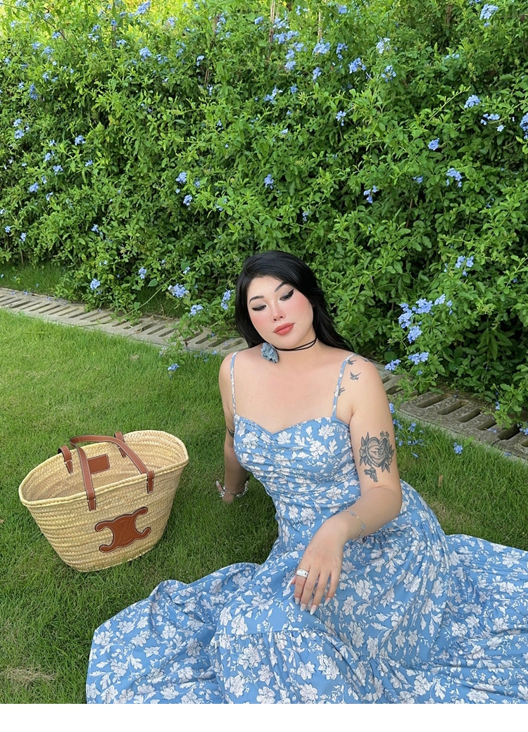 Zllkl Naya Floral Blue Plus Size French Slip A-Line Long Maxi Dress + Long Sleeve Cardigan Set
