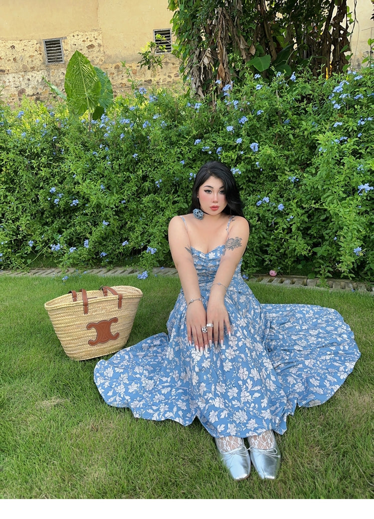 Zllkl Naya Floral Blue Plus Size French Slip A-Line Long Maxi Dress + Long Sleeve Cardigan Set