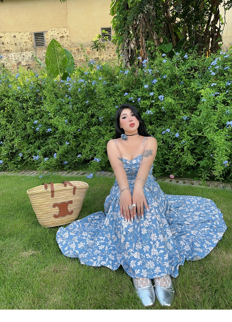 Zllkl Naya Floral Blue Plus Size French Slip A-Line Long Maxi Dress + Long Sleeve Cardigan Set
