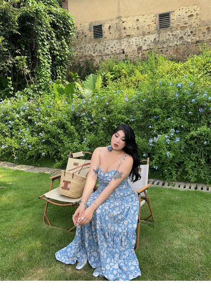 Zllkl Naya Floral Blue Plus Size French Slip A-Line Long Maxi Dress + Long Sleeve Cardigan Set