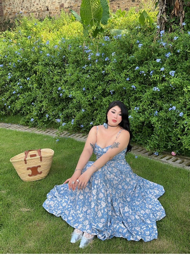 Zllkl Naya Floral Blue Plus Size French Slip A-Line Long Maxi Dress + Long Sleeve Cardigan Set