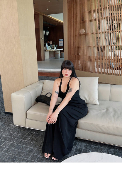 Zllkl Castilla Plus Size Solid Color V-Neck Halter Neck Pleated Waist Cinched Pleated Long Dress
