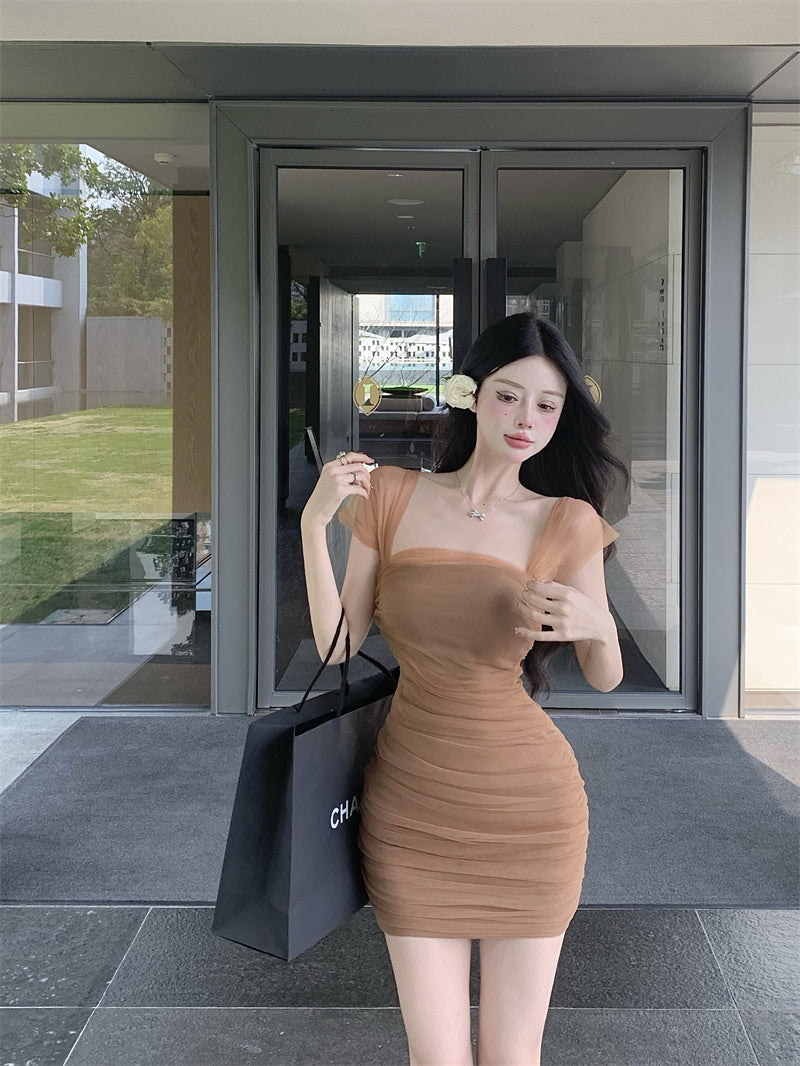 Zllkl Jianna Solid Color Square Neck Mesh Short-Sleeved Slim Mini Dress