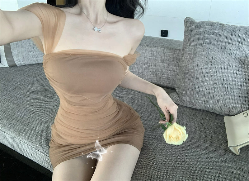 Zllkl Jianna Solid Color Square Neck Mesh Short-Sleeved Slim Mini Dress