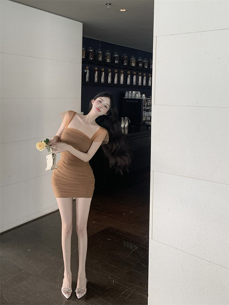 Zllkl Jianna Solid Color Square Neck Mesh Short-Sleeved Slim Mini Dress