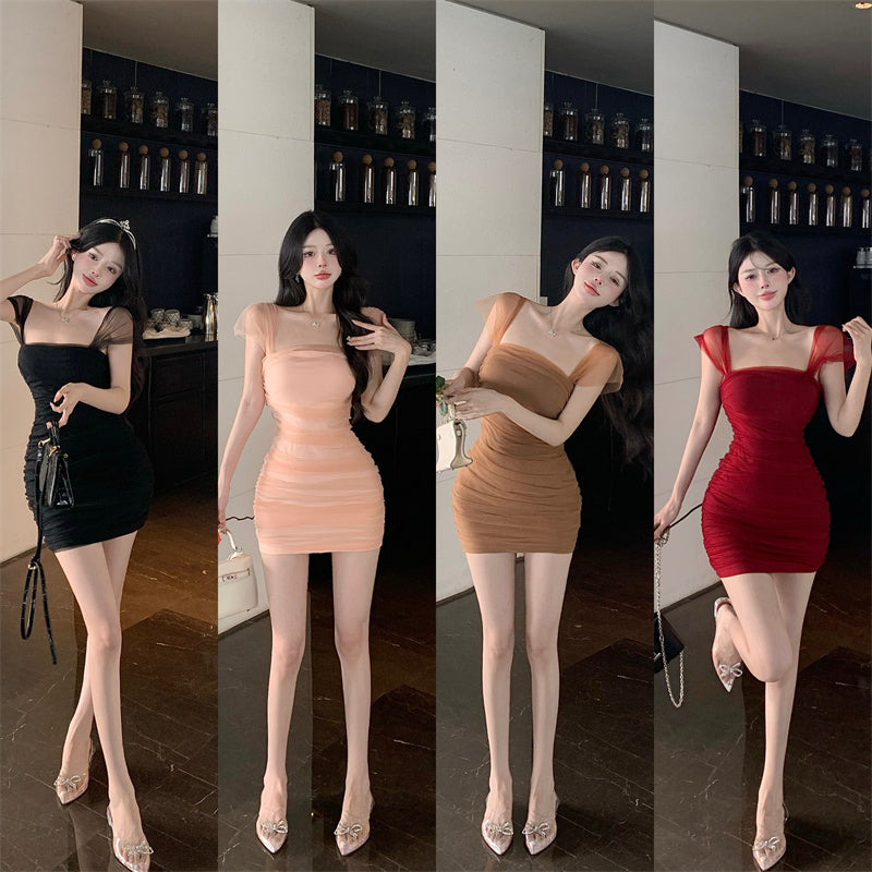 Zllkl Jianna Solid Color Square Neck Mesh Short-Sleeved Slim Mini Dress