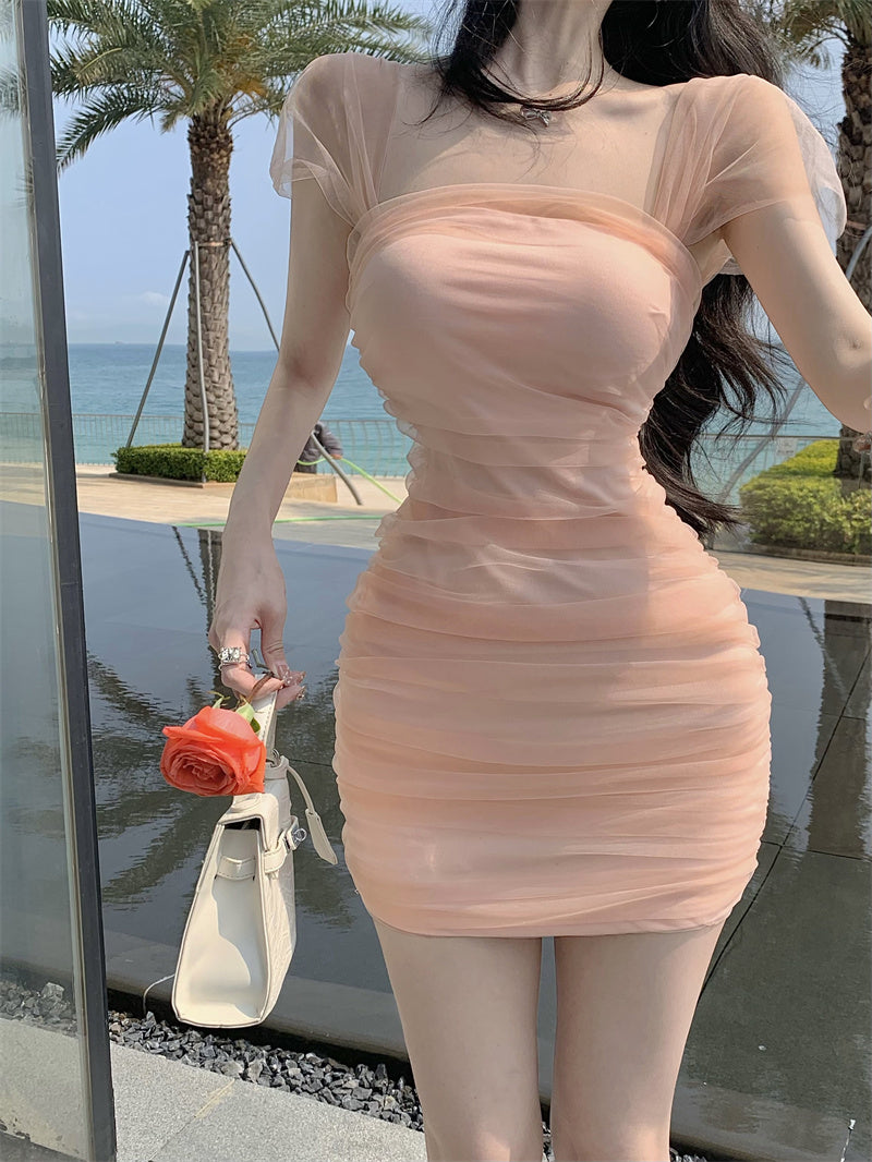 Zllkl Jianna Solid Color Square Neck Mesh Short-Sleeved Slim Mini Dress