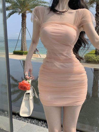 Zllkl Jianna Solid Color Square Neck Mesh Short-Sleeved Slim Mini Dress