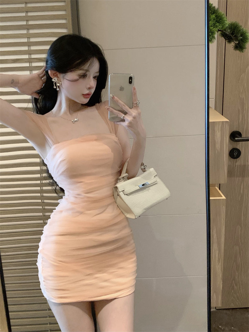 Zllkl Jianna Solid Color Square Neck Mesh Short-Sleeved Slim Mini Dress