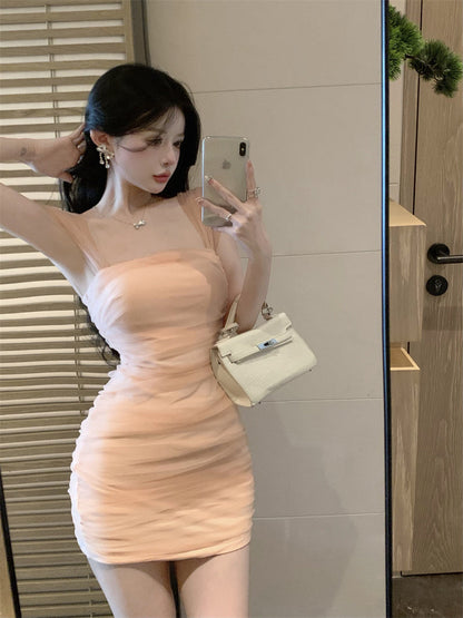 Zllkl Jianna Solid Color Square Neck Mesh Short-Sleeved Slim Mini Dress