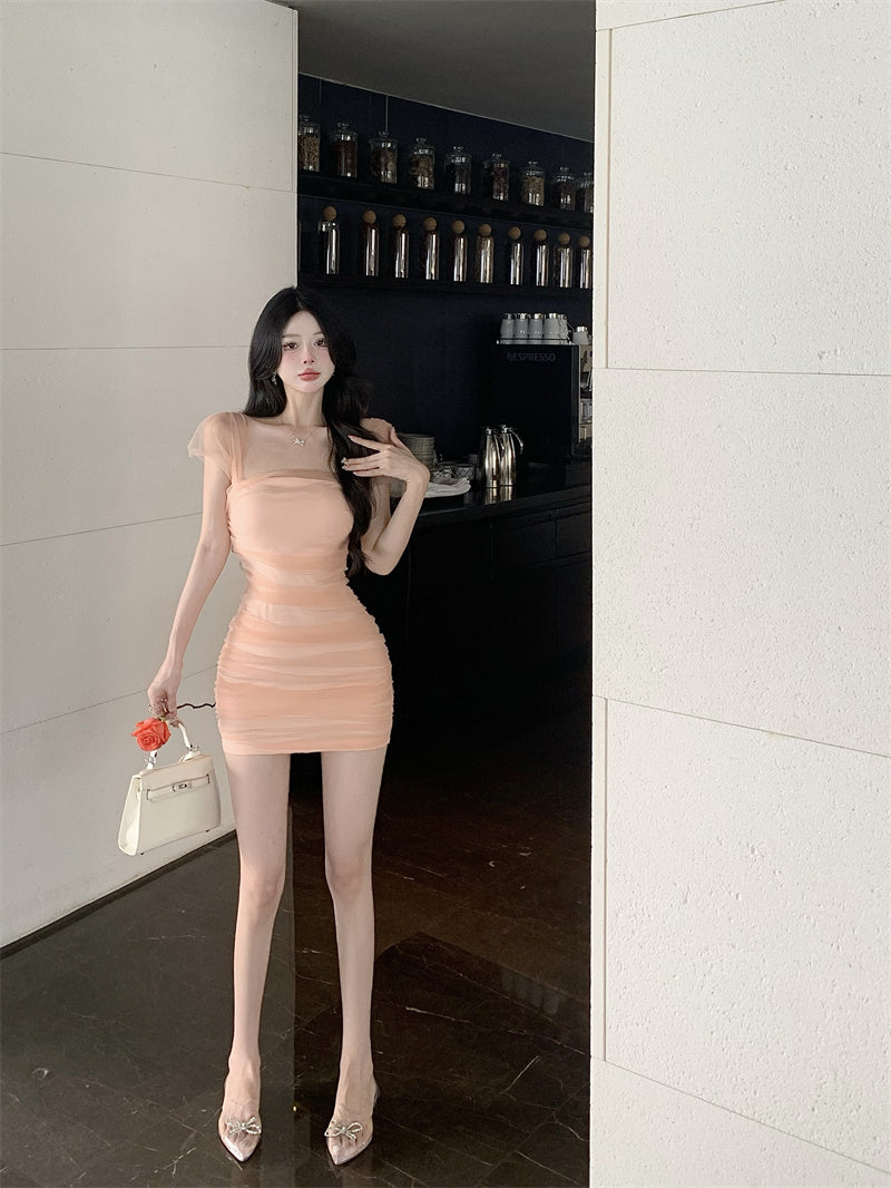 Zllkl Jianna Solid Color Square Neck Mesh Short-Sleeved Slim Mini Dress