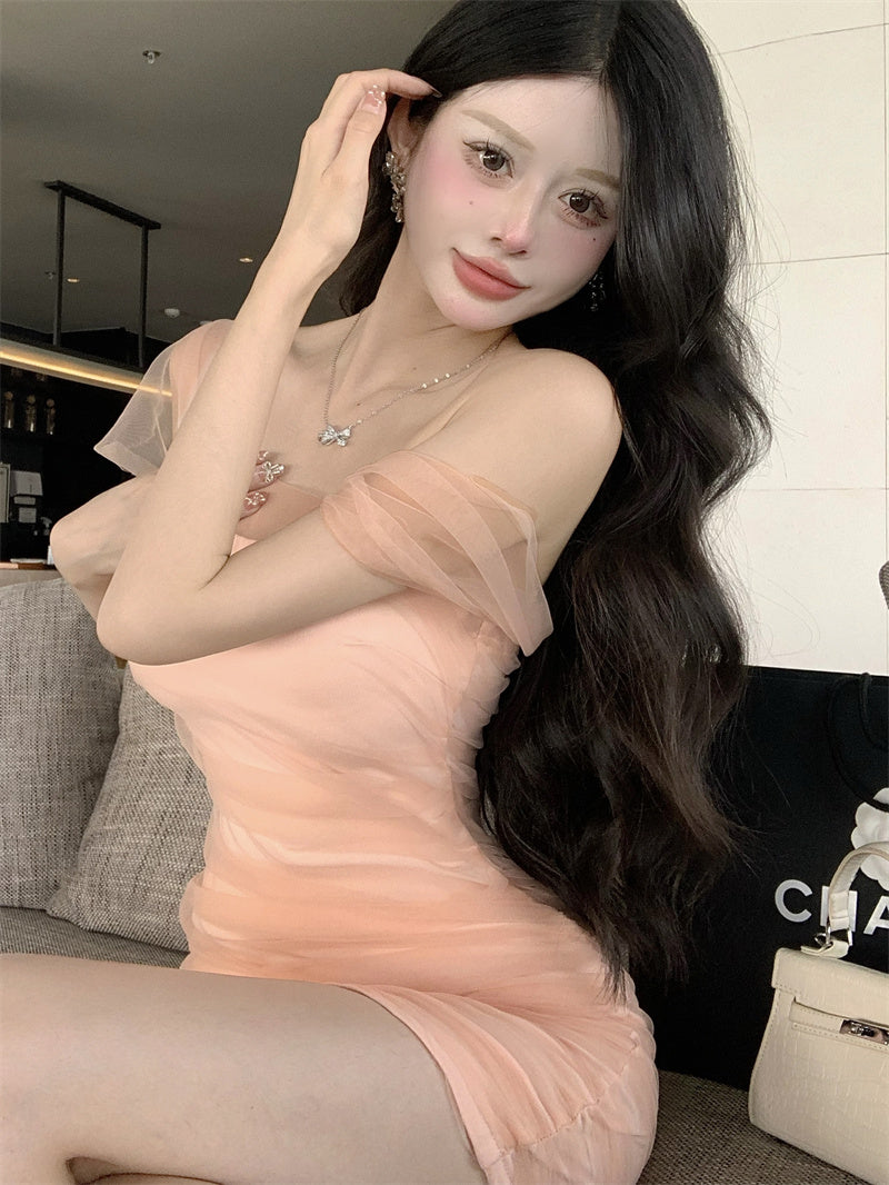 Zllkl Jianna Solid Color Square Neck Mesh Short-Sleeved Slim Mini Dress