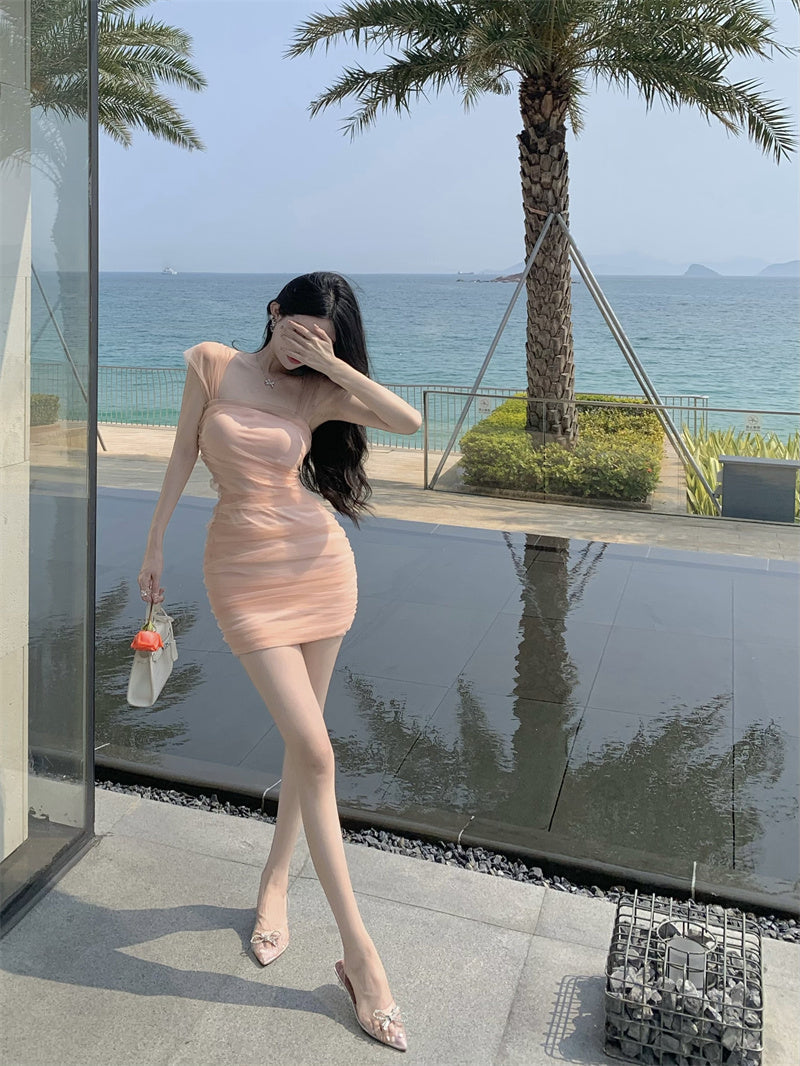 Zllkl Jianna Solid Color Square Neck Mesh Short-Sleeved Slim Mini Dress