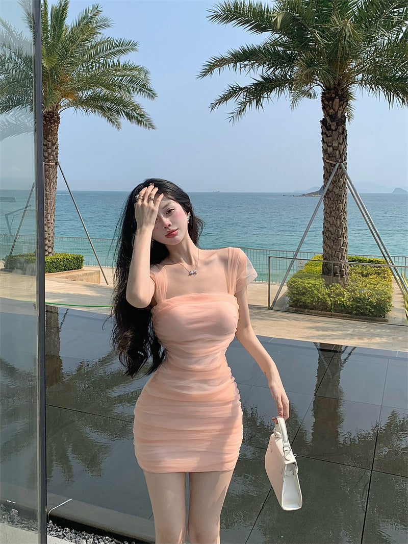 Zllkl Jianna Solid Color Square Neck Mesh Short-Sleeved Slim Mini Dress