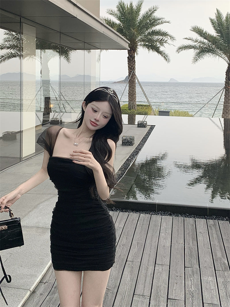 Zllkl Jianna Solid Color Square Neck Mesh Short-Sleeved Slim Mini Dress