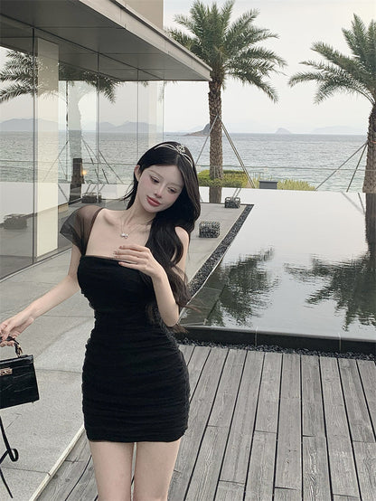 Zllkl Jianna Solid Color Square Neck Mesh Short-Sleeved Slim Mini Dress