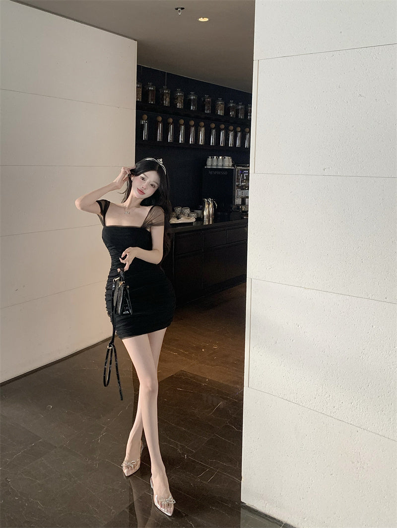 Zllkl Jianna Solid Color Square Neck Mesh Short-Sleeved Slim Mini Dress