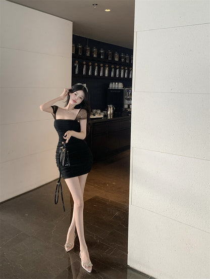 Zllkl Jianna Solid Color Square Neck Mesh Short-Sleeved Slim Mini Dress