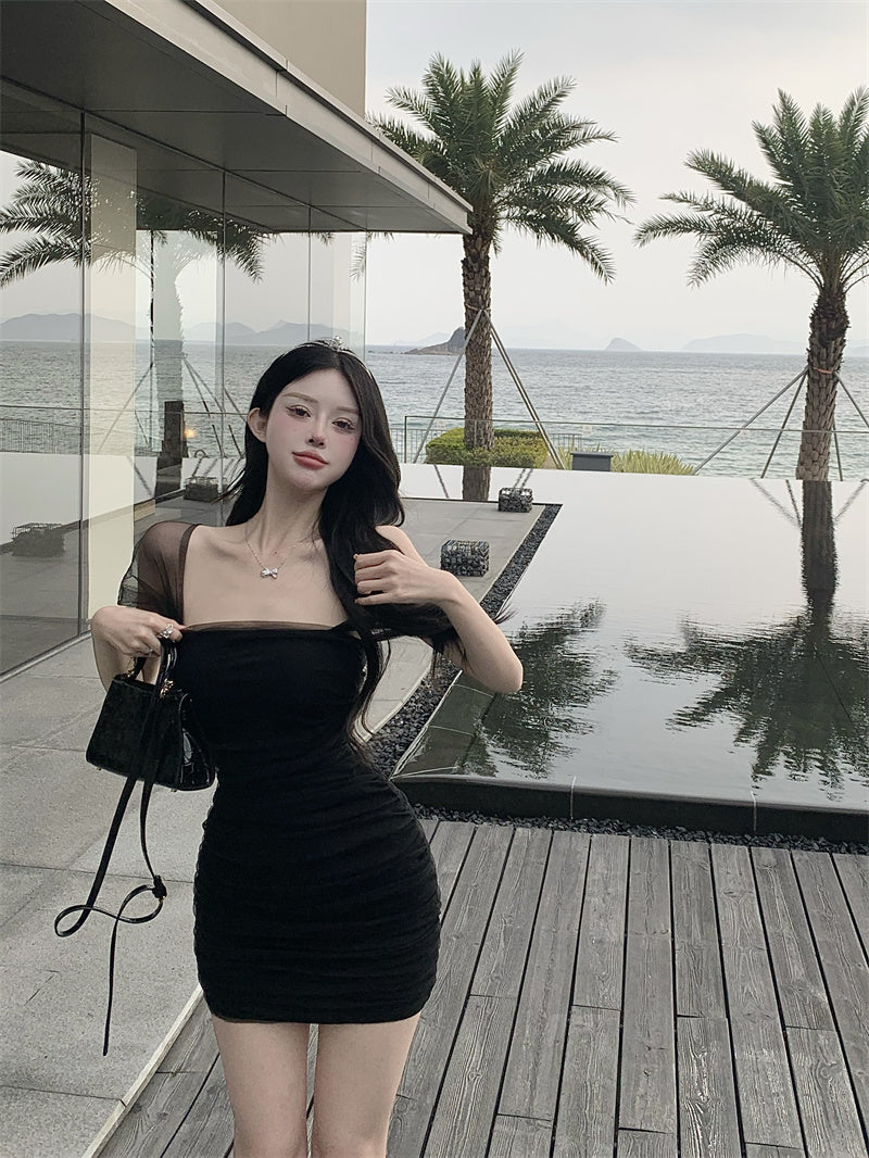 Zllkl Jianna Solid Color Square Neck Mesh Short-Sleeved Slim Mini Dress