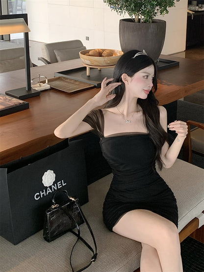 Zllkl Jianna Solid Color Square Neck Mesh Short-Sleeved Slim Mini Dress