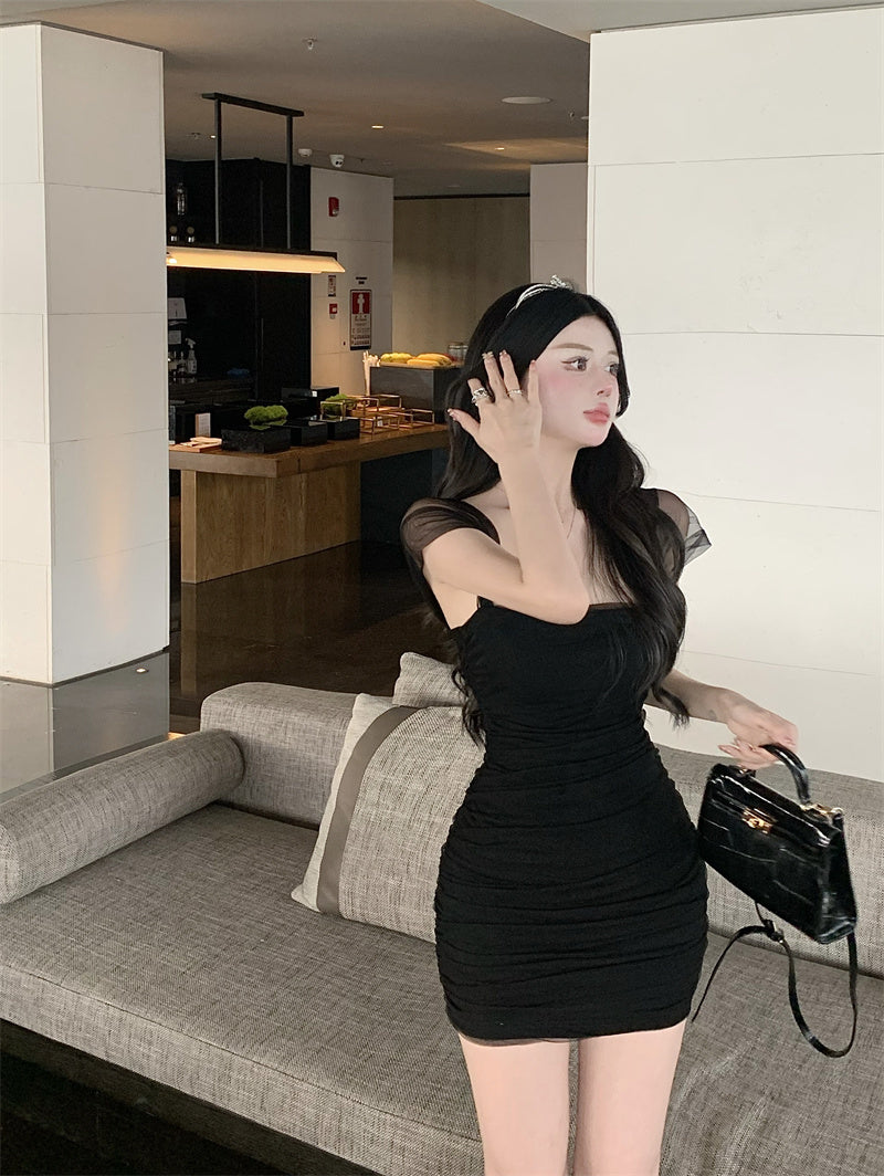 Zllkl Jianna Solid Color Square Neck Mesh Short-Sleeved Slim Mini Dress