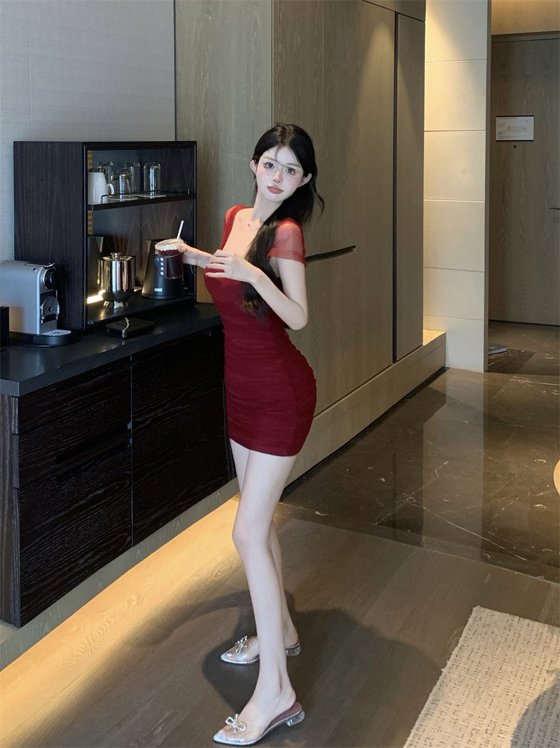 Zllkl Jianna Solid Color Square Neck Mesh Short-Sleeved Slim Mini Dress